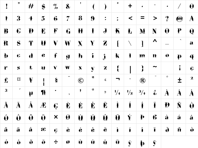 Bodoni Brush ITC Std Regular  glyph index