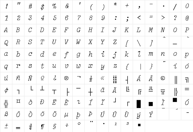Balsam Light Italic  glyph index