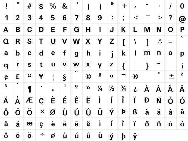 FreeUniversal Bold  glyph index