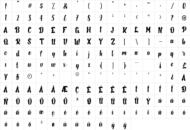 Black Jacky Regular  glyph index