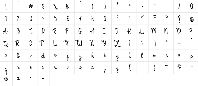 Thumbellia Regular  glyph index