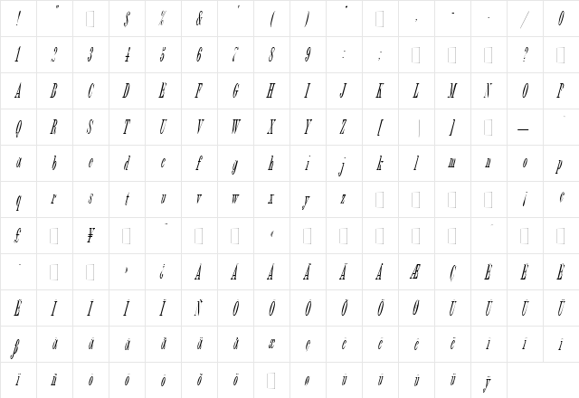 Bordeaux Italic Regular  glyph index