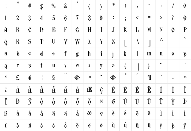 Pasdecourbe Medium Regular  glyph index