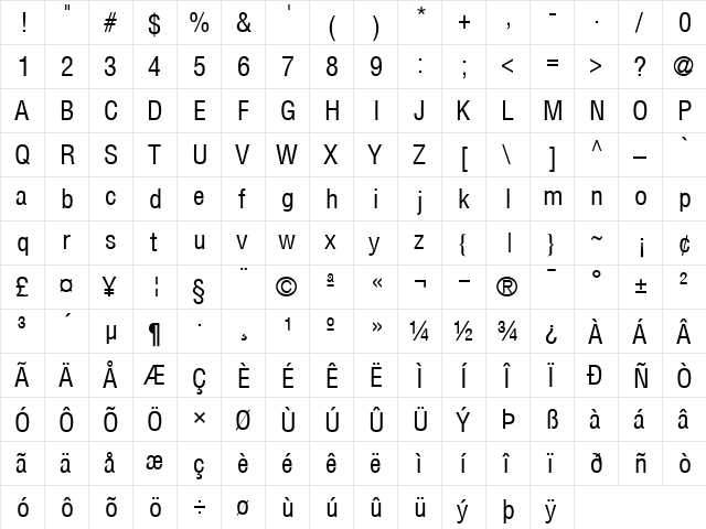 HelvCondensed Regular  glyph index