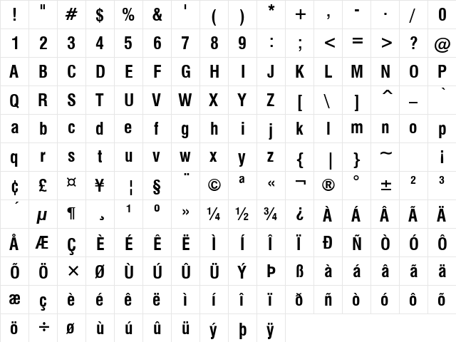 HalvettCondensed Bold  glyph index