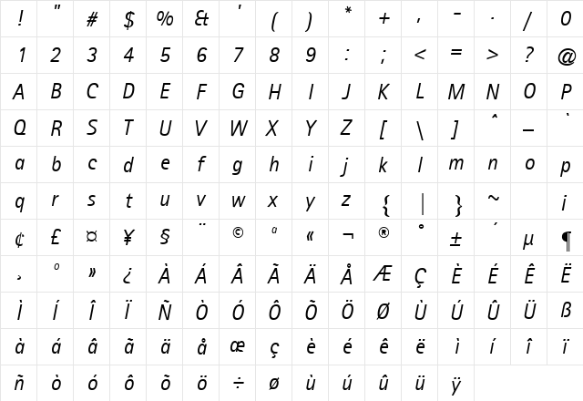 ATRotisSansSerif-Italic Regular  glyph index