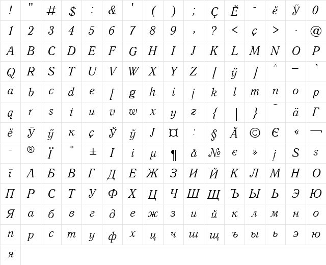 Antiqua Italic Chu CNP Italic  glyph index