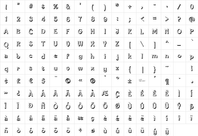 IngoneShadow Regular  glyph index