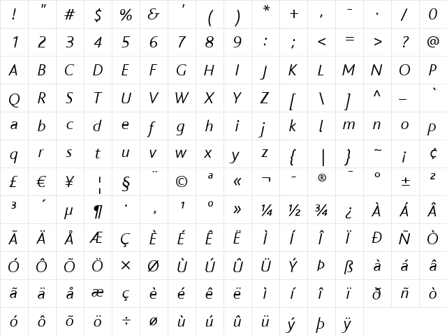 Bliss Regular  glyph index