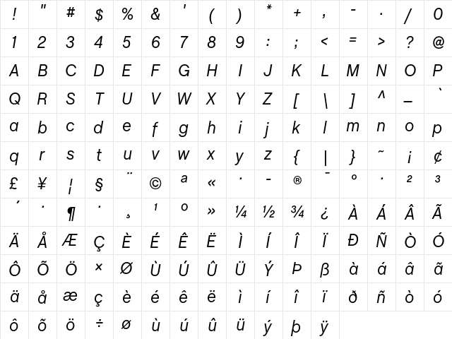 ChaletBook Italic  glyph index
