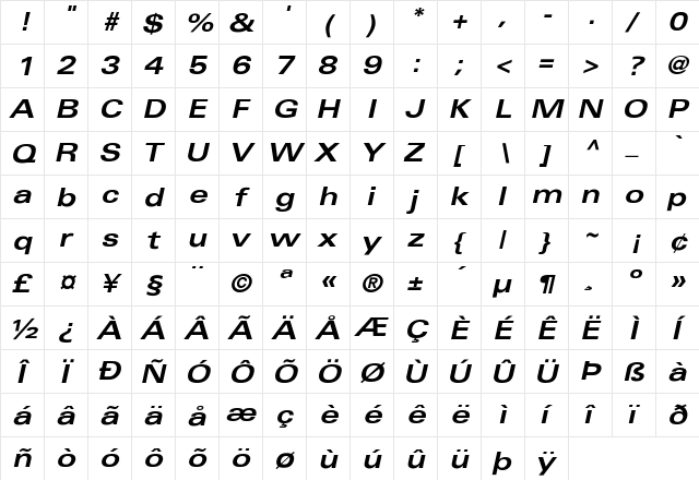 Fox Extended-Oblique Regular Regular  glyph index