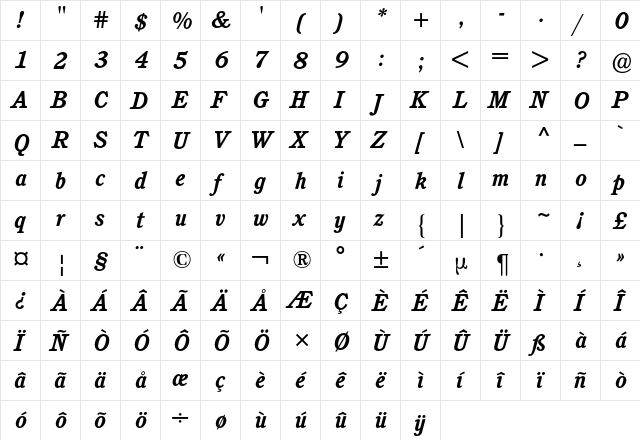 Cushing BQ Regular  glyph index