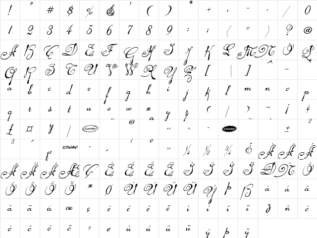 Rhalina Italic Italic  glyph index