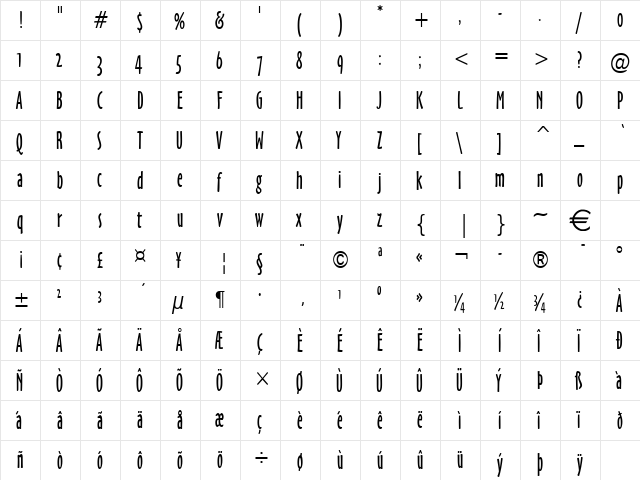 HobbyCondensed Normal  glyph index
