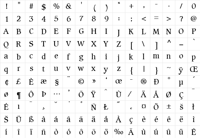 Caxton-Book Regular  glyph index