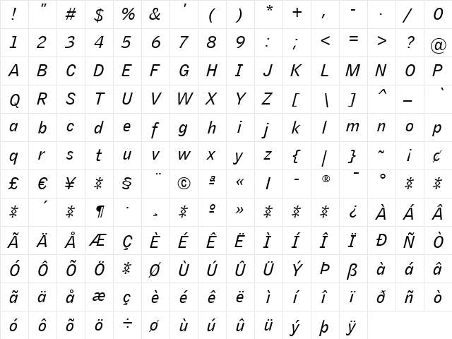 GriffithGothic Regular  glyph index