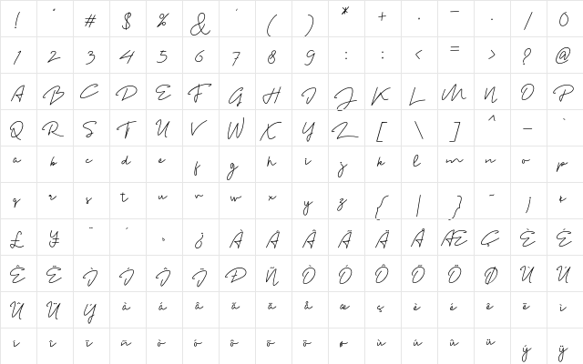 Madelon Script Regular  glyph index
