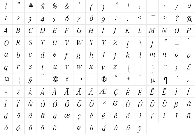 Corporate A Expert BQ Light Italic  glyph index