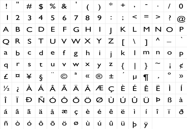 GillSans Wd Regular  glyph index