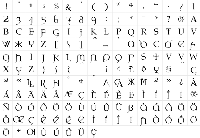 Eremaeus Regular  glyph index