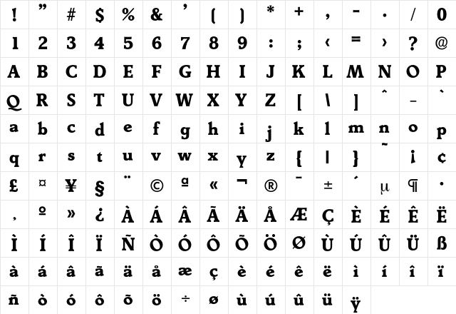 Derringer-Bold Regular  glyph index