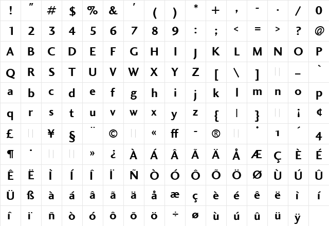 Charlotte Sans Bold Regular  glyph index