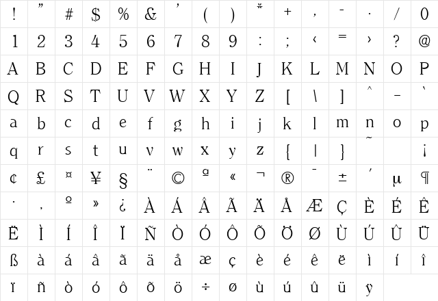 Clearface-Serial-Light Regular  glyph index