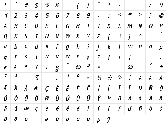 GE Rythyms Italic  glyph index