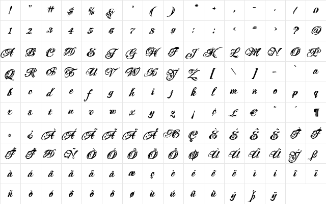 Mascara Bold  glyph index