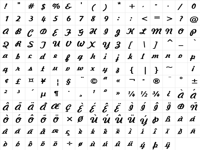 Jott 43 Wide Bold  glyph index