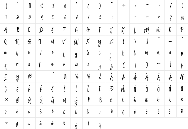 Ratherbe Regular  glyph index