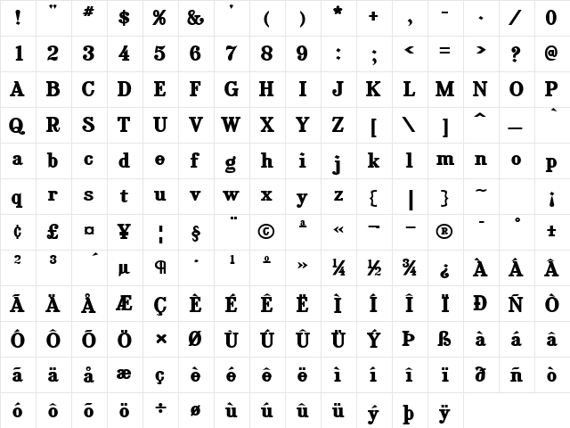 RataczakExtraBold Regular  glyph index