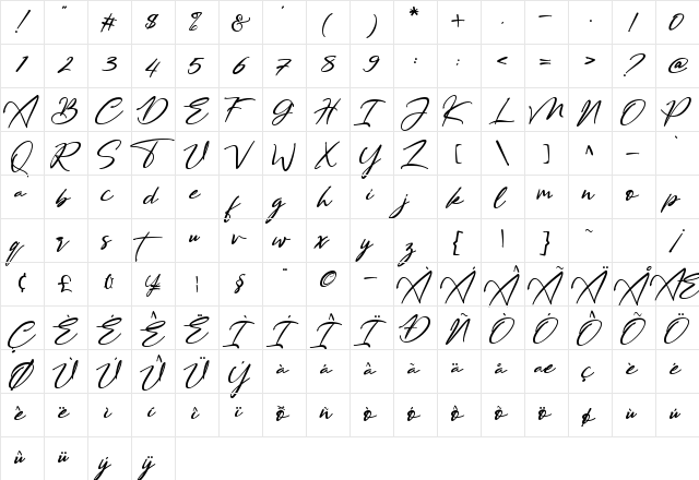 Bestowens Family Regular  glyph index