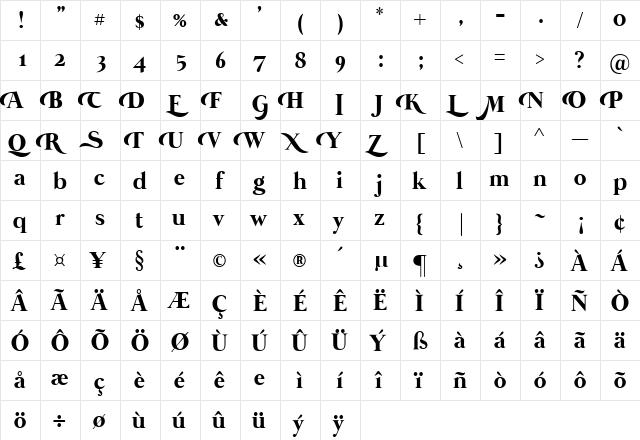 Mermaid Swash Caps Bold  glyph index