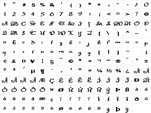 DancerPrancer Regular  glyph index