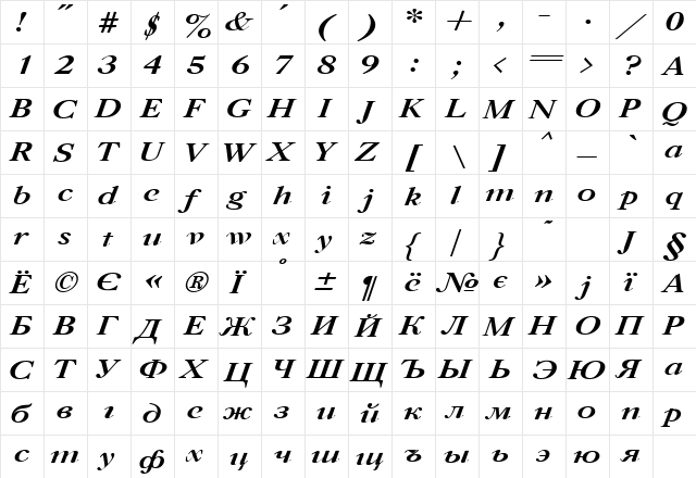 CaslonC Bold Italic  glyph index