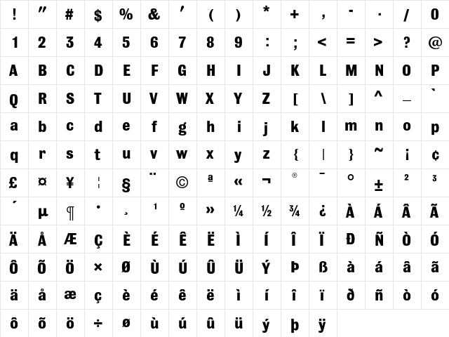 Bulldog Bold  glyph index