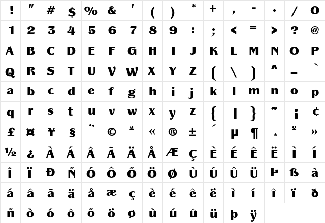 Panache-Black Regular  glyph index