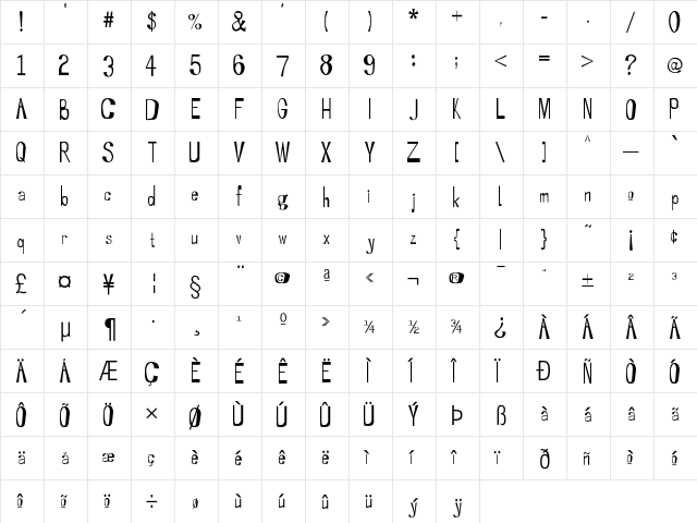 Cowpoke Regular  glyph index