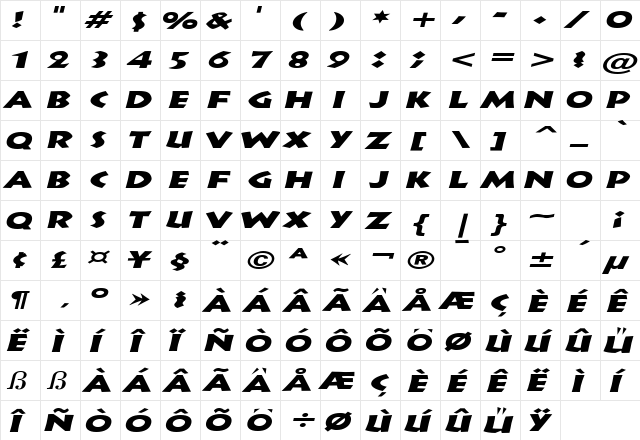 Indy Extended Italic  glyph index