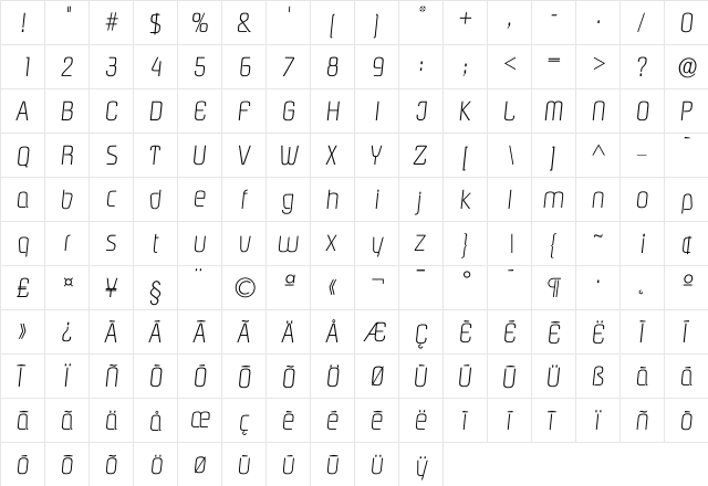 Ipasadena Xlight  glyph index