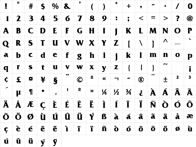 FritzQuad Bold  glyph index