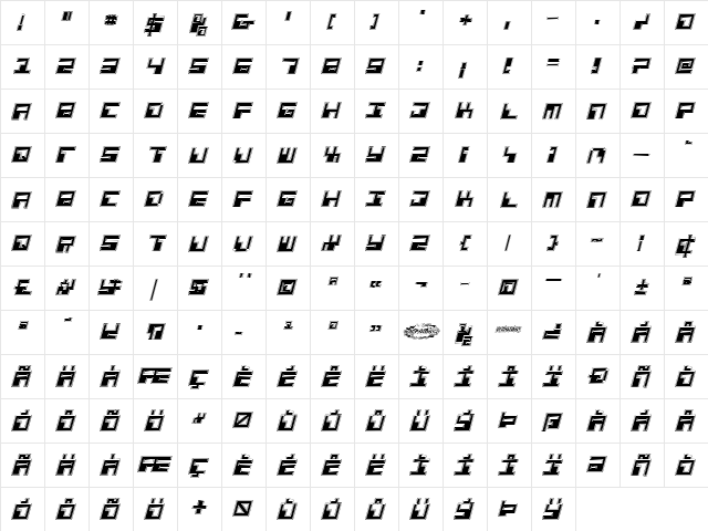 Phaser Bank Pro Italic Italic  glyph index