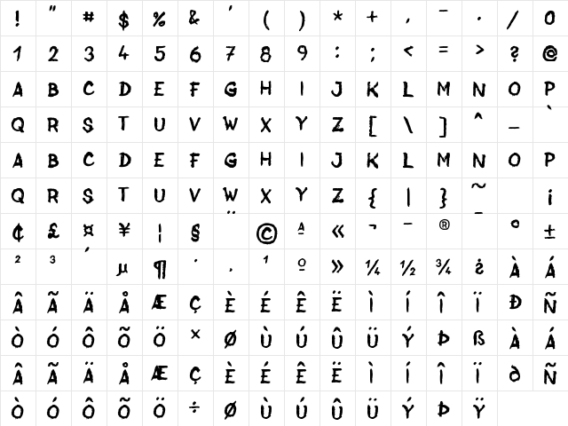 Jack Brusher Regular  glyph index