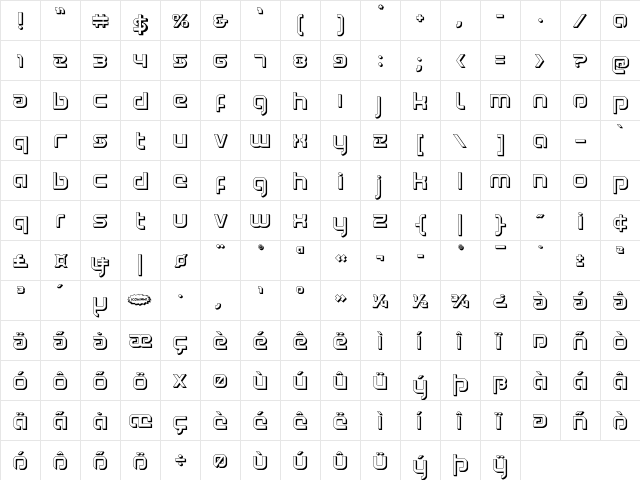 Youngerblood 3D Regular  glyph index