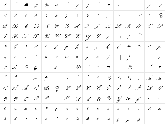 Englische Becker Regular  glyph index