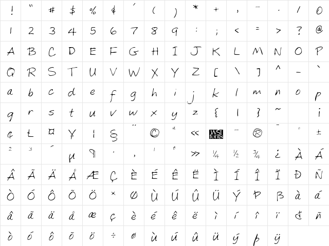 KylesHand Regular  glyph index
