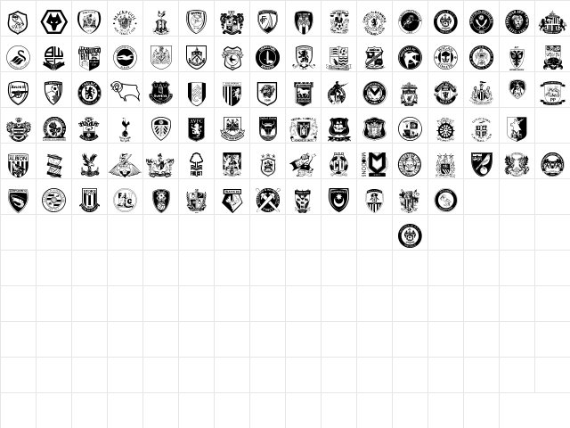 English Football Club Badges Regular  glyph index