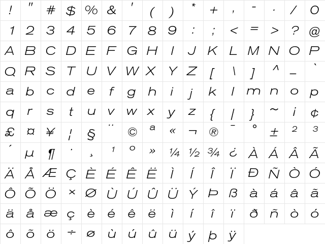 Akzidenz-Grotesk BQ Light Extended Italic  glyph index