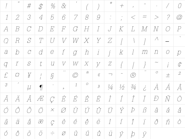 Glypha 35 Thin Oblique  glyph index